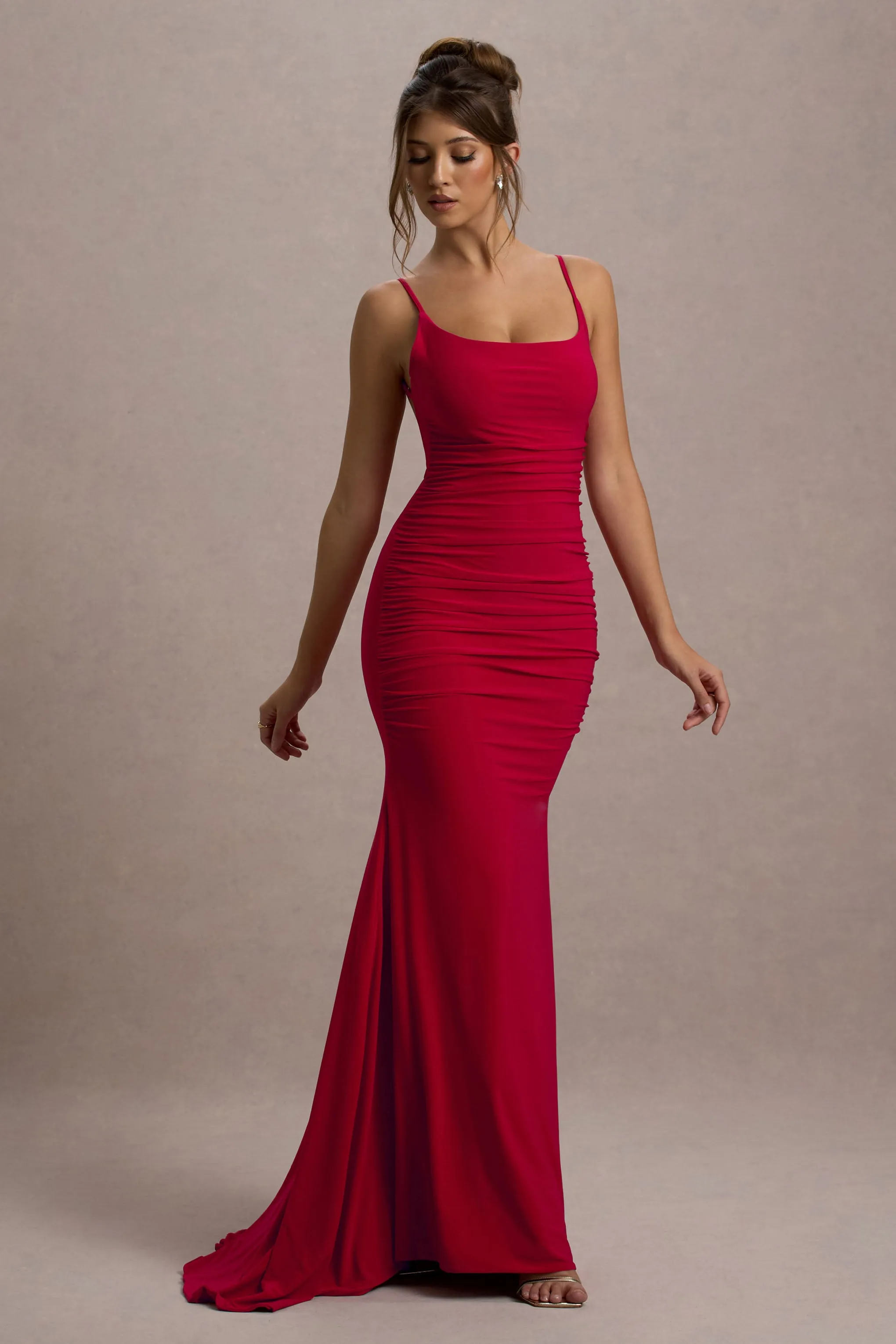 Adele | Red Ruched Fishtail Cami Maxi Dress