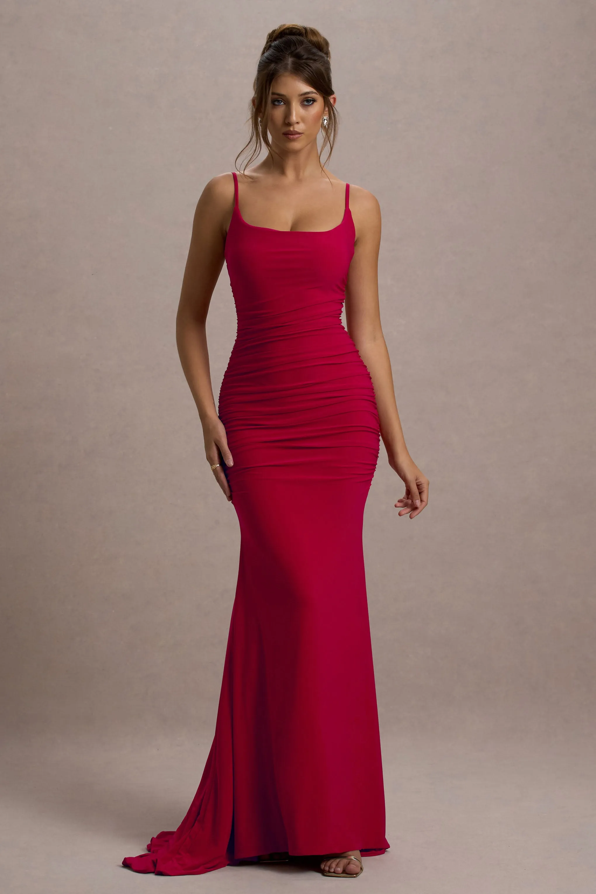 Adele | Red Ruched Fishtail Cami Maxi Dress