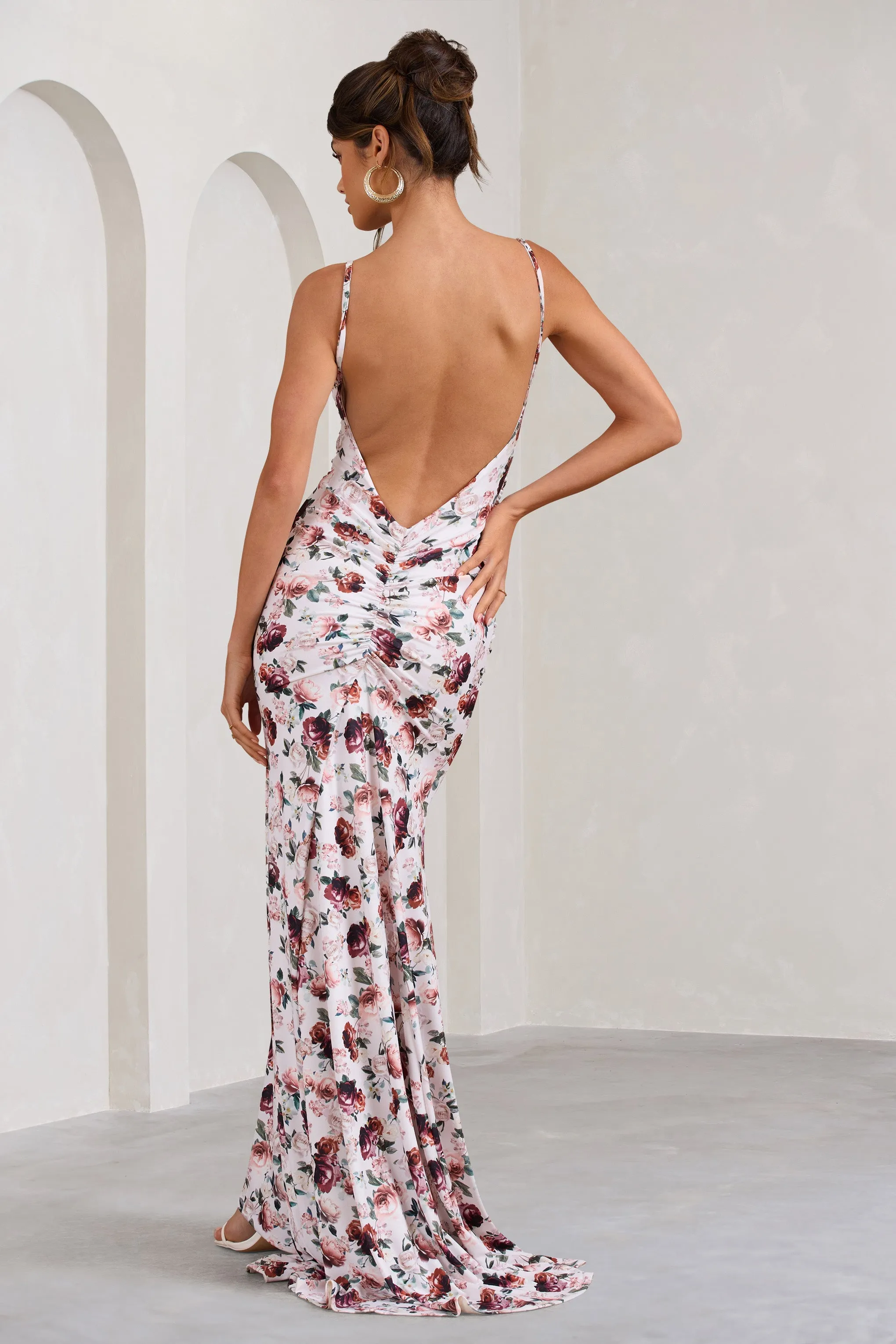 Adele | White Floral Print Backless Ruched Fishtail Cami Maxi Dress