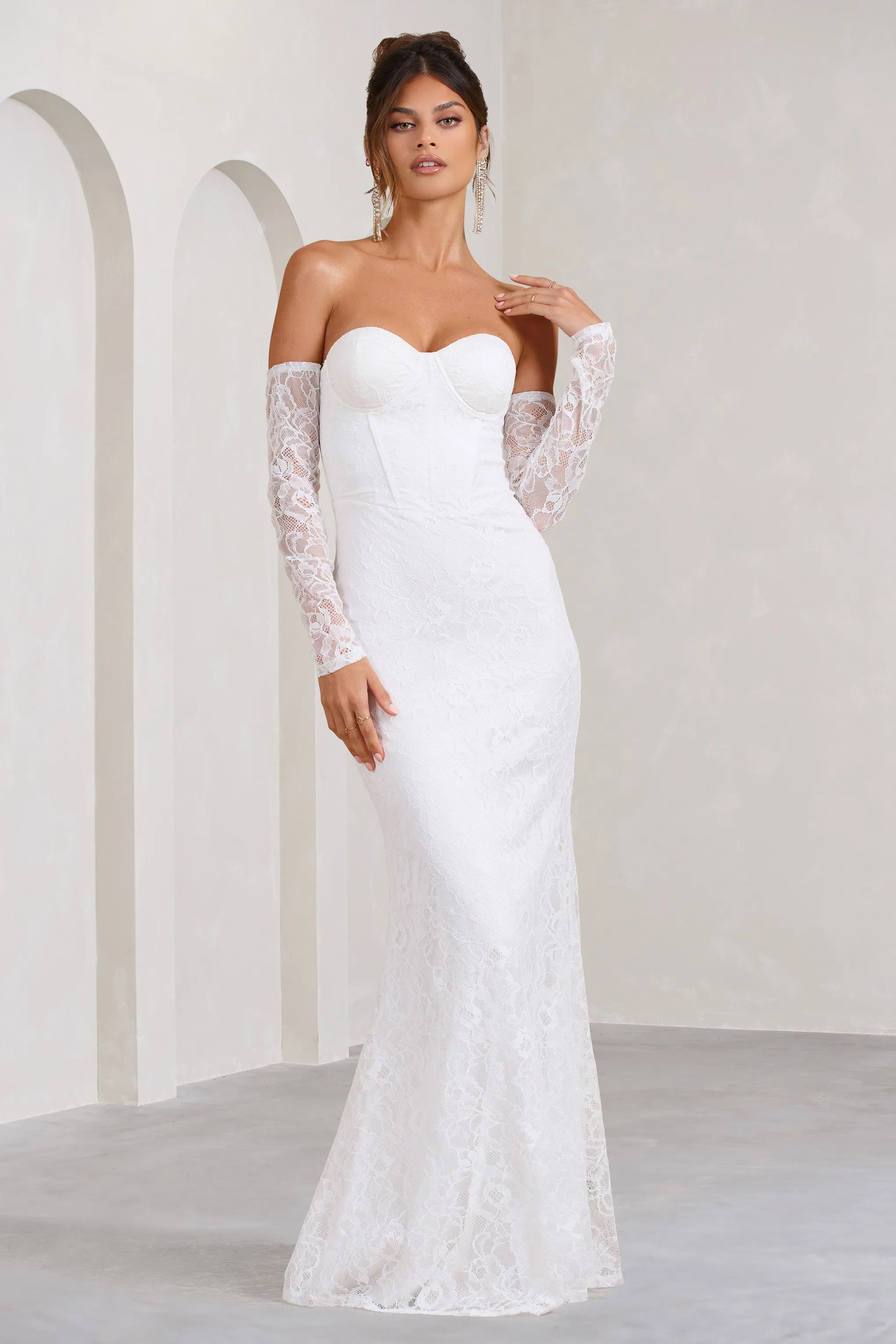 Aniyah | White Lace Bandeau Neckline Corset Fishtail Maxi Dress With Sheer Sleeves