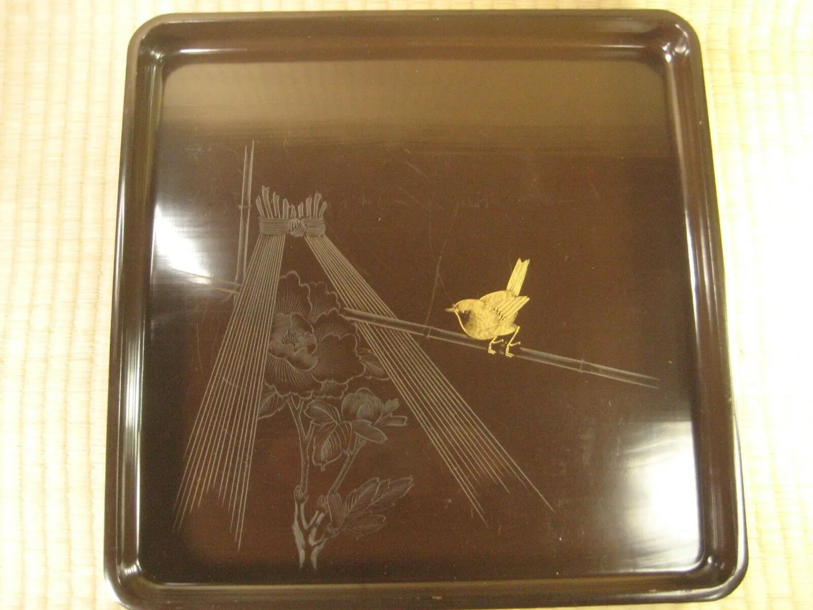 Antique Japanese Meiji Era 120 Yr Old Wood & Lacquer Obon Ozen Tray Wren & Peony