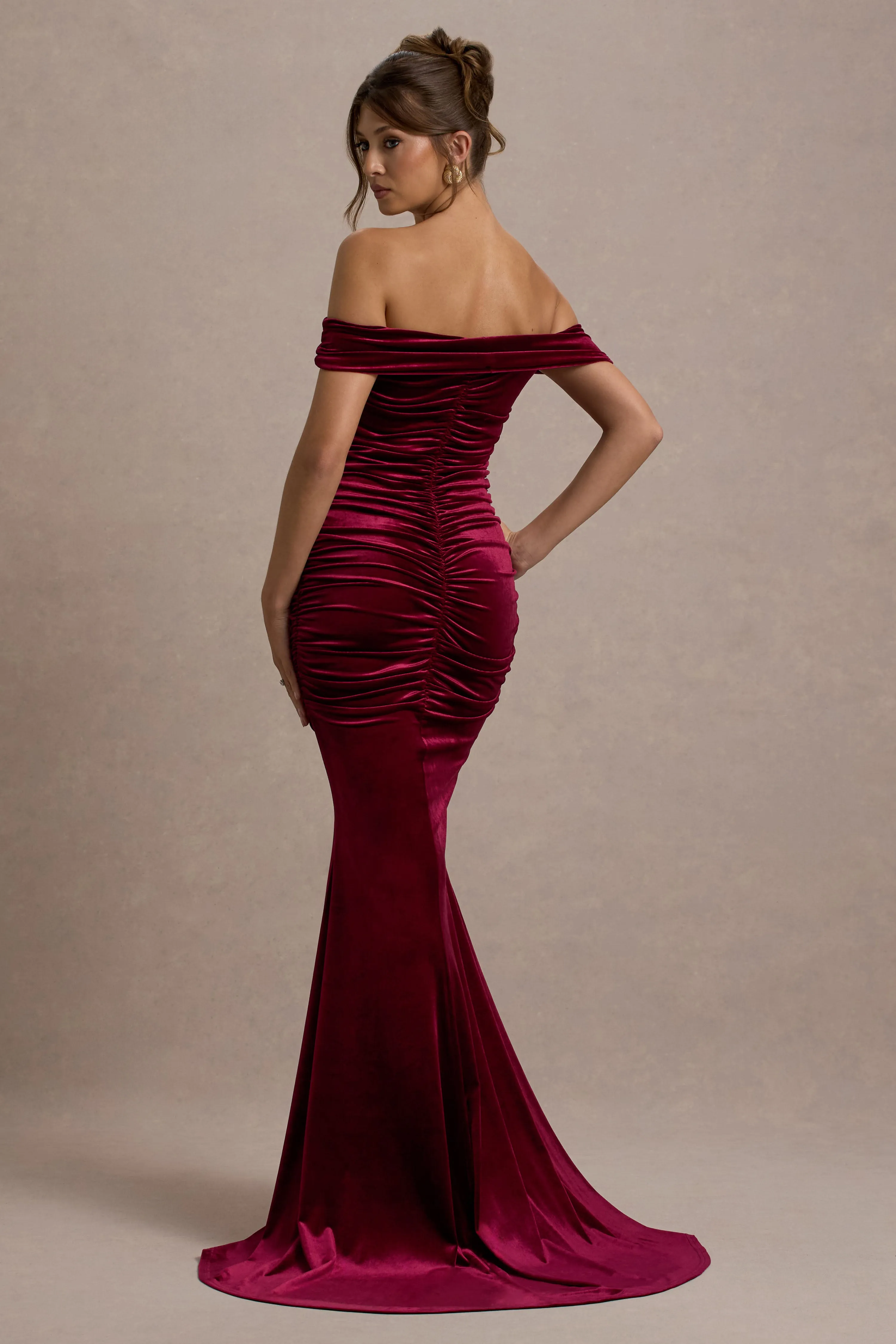 Apolline | Berry Velvet Off The Shoulder Ruched Fishtail Maxi Dress