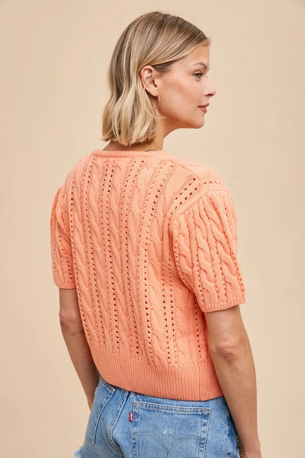 Apricot Cable Knit Puff Sleeve Cardigan