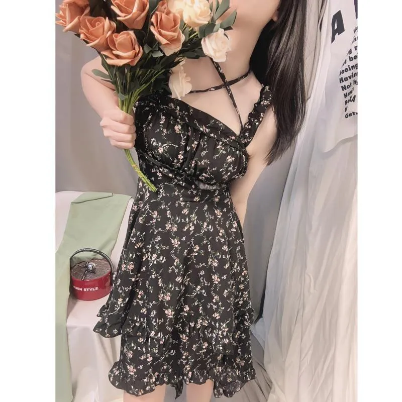 ARWEN&AJH GROUP مجموعة أروين 2024 Strap Skirt Square Collar Waist Slimming Irregular Design Dress 2024 Lace Strap Fashion Floral