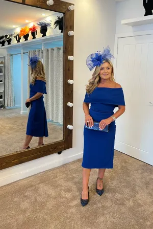 Beth royal blue Bardot dip hemline midi dress