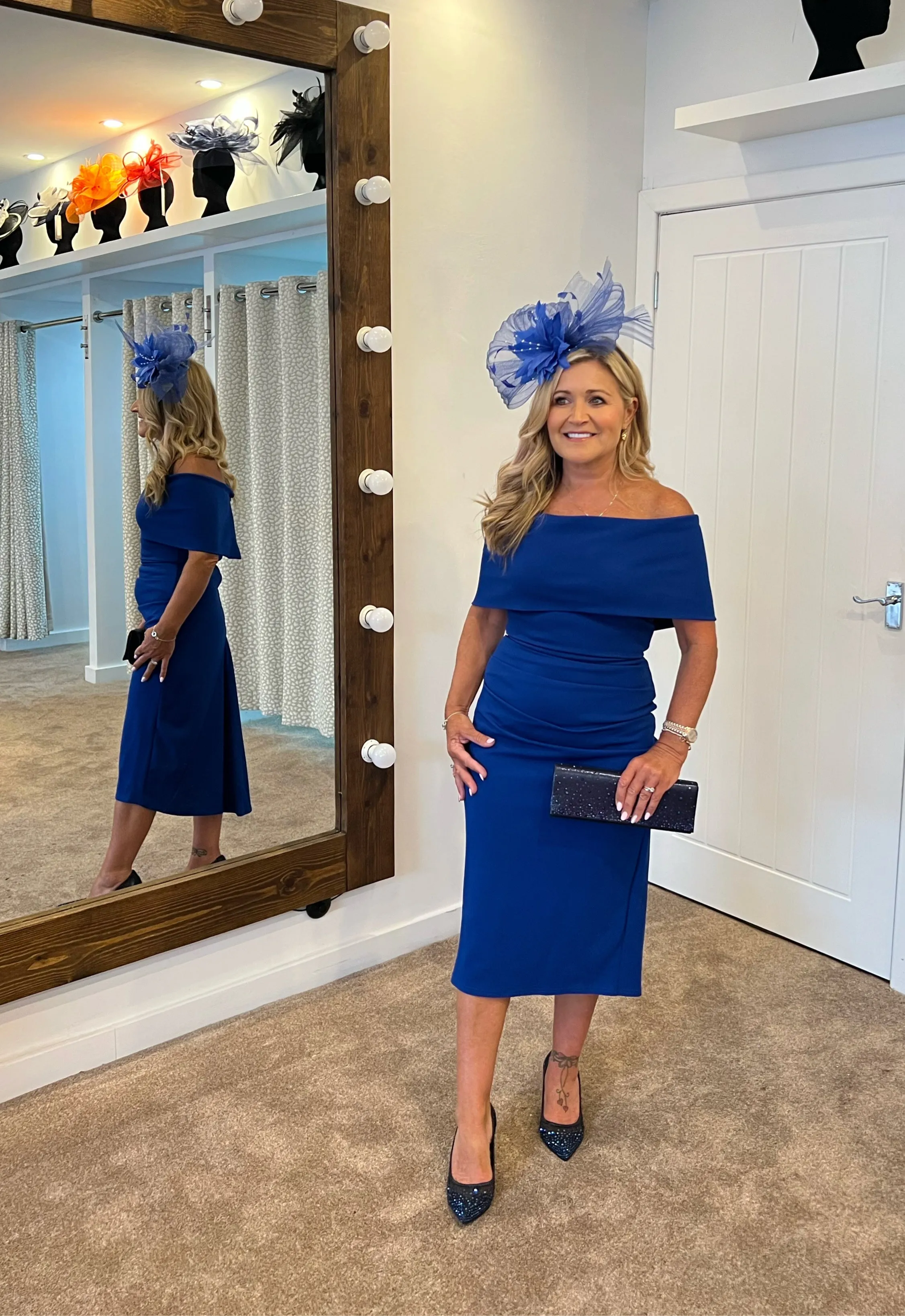 Beth royal blue Bardot dip hemline midi dress