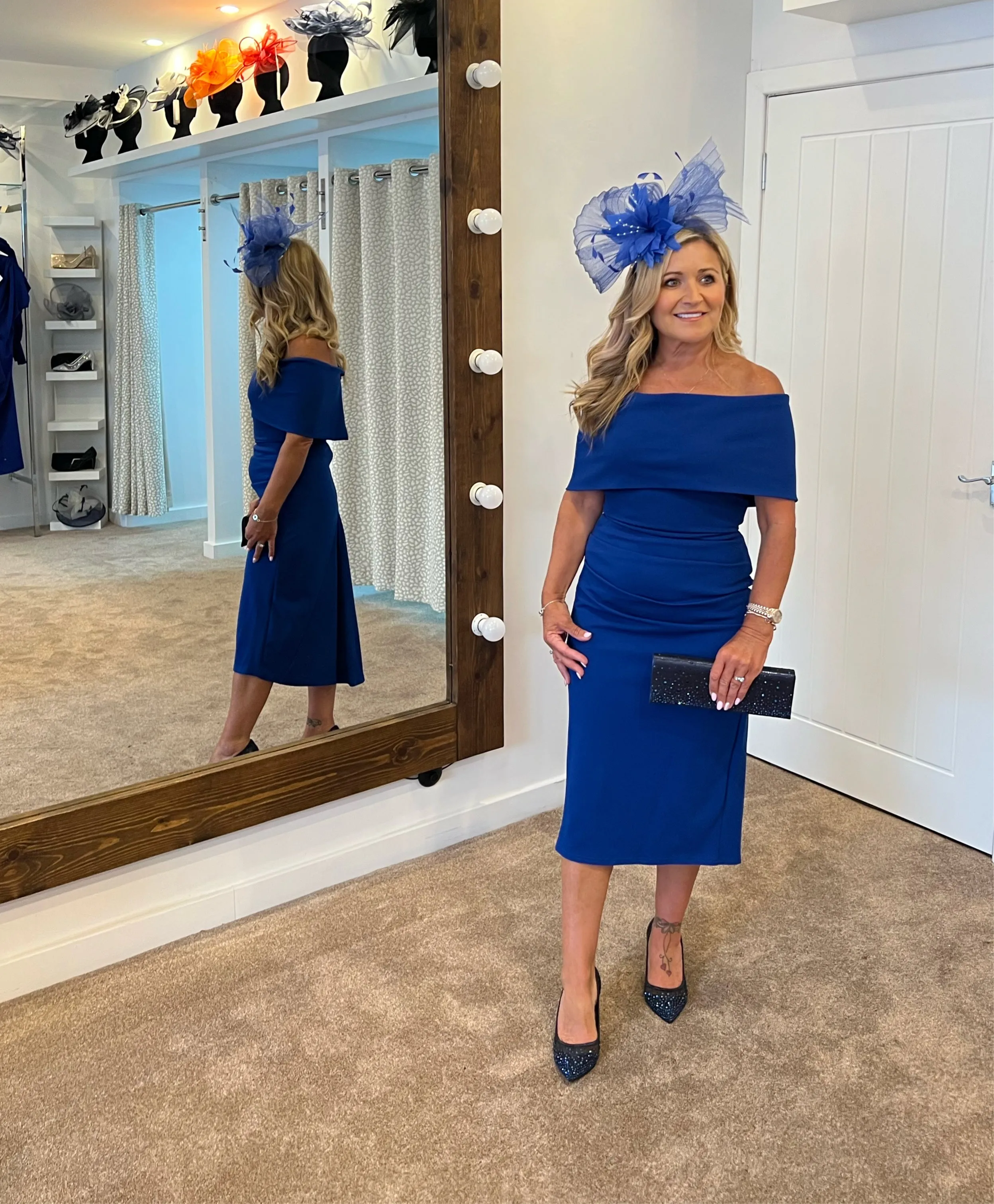 Beth royal blue Bardot dip hemline midi dress