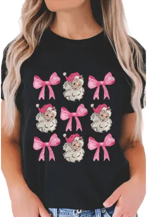 Black & Pink Bow Santa Christmas T-Shirt