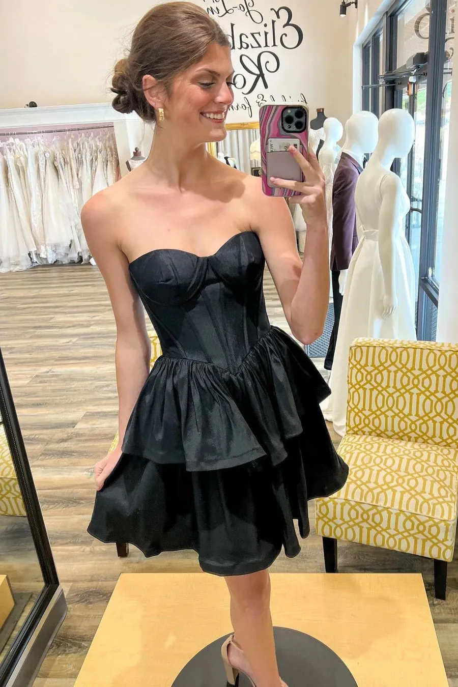 Black Boned Strapless Layered Homecoming Dress