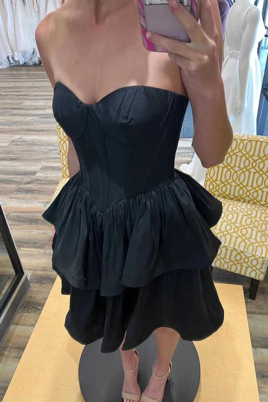 Black Boned Strapless Layered Homecoming Dress