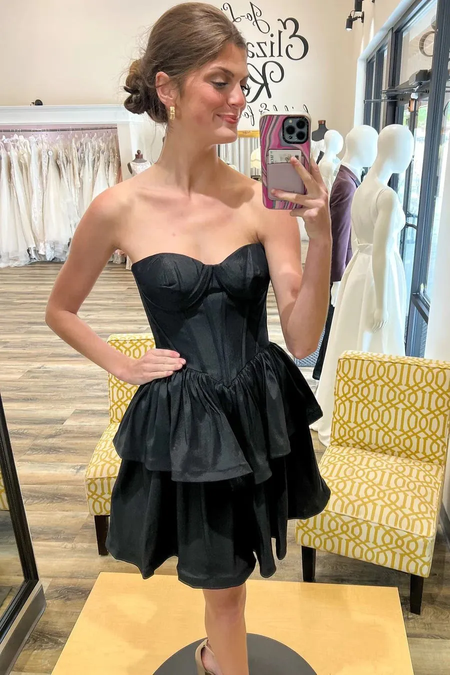 Black Boned Strapless Layered Homecoming Dress