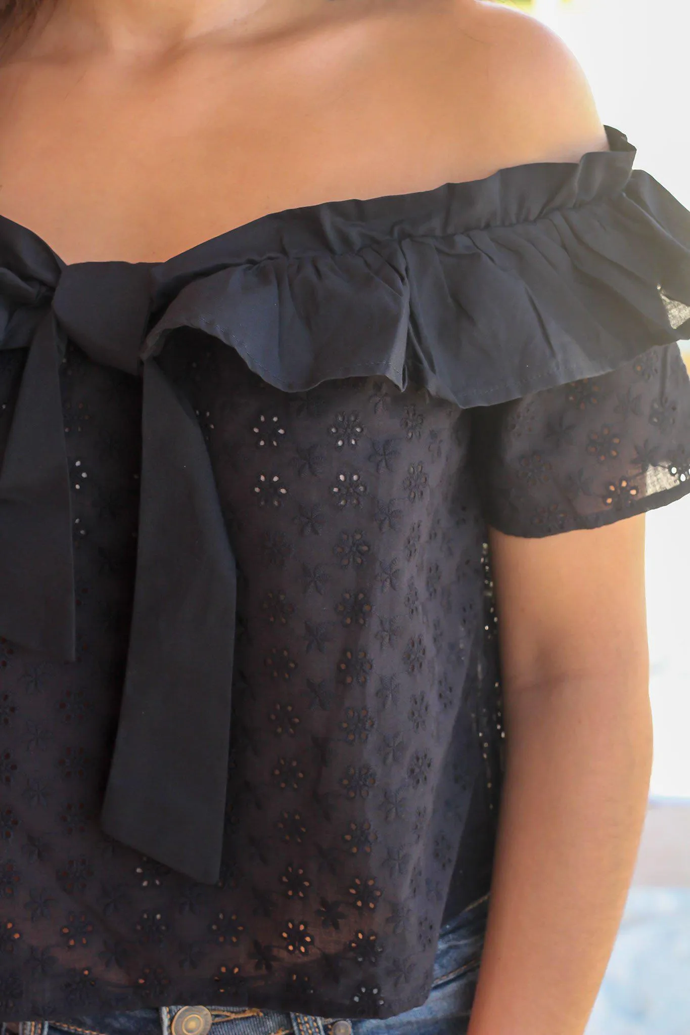 Black Off Shoulder Eyelet Top