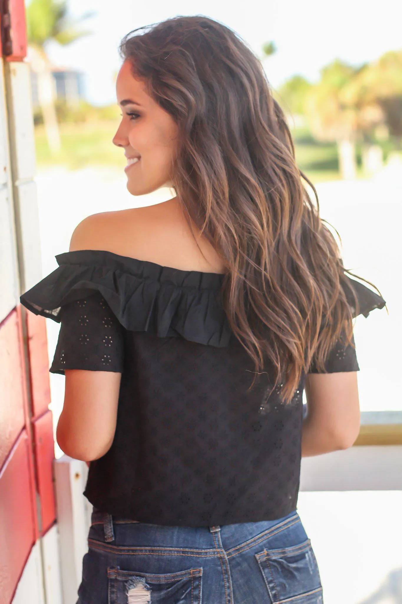 Black Off Shoulder Eyelet Top