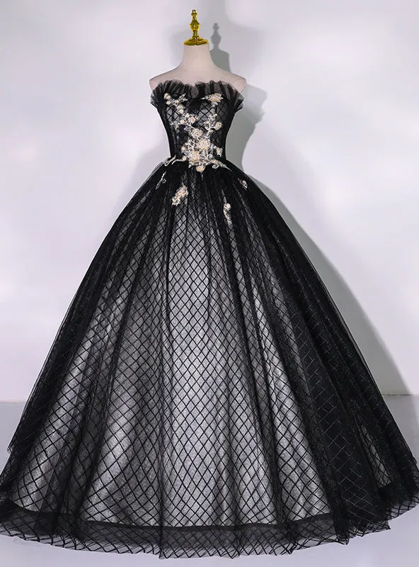 Black Tulle Strapless Appliques Quinceanera Dress