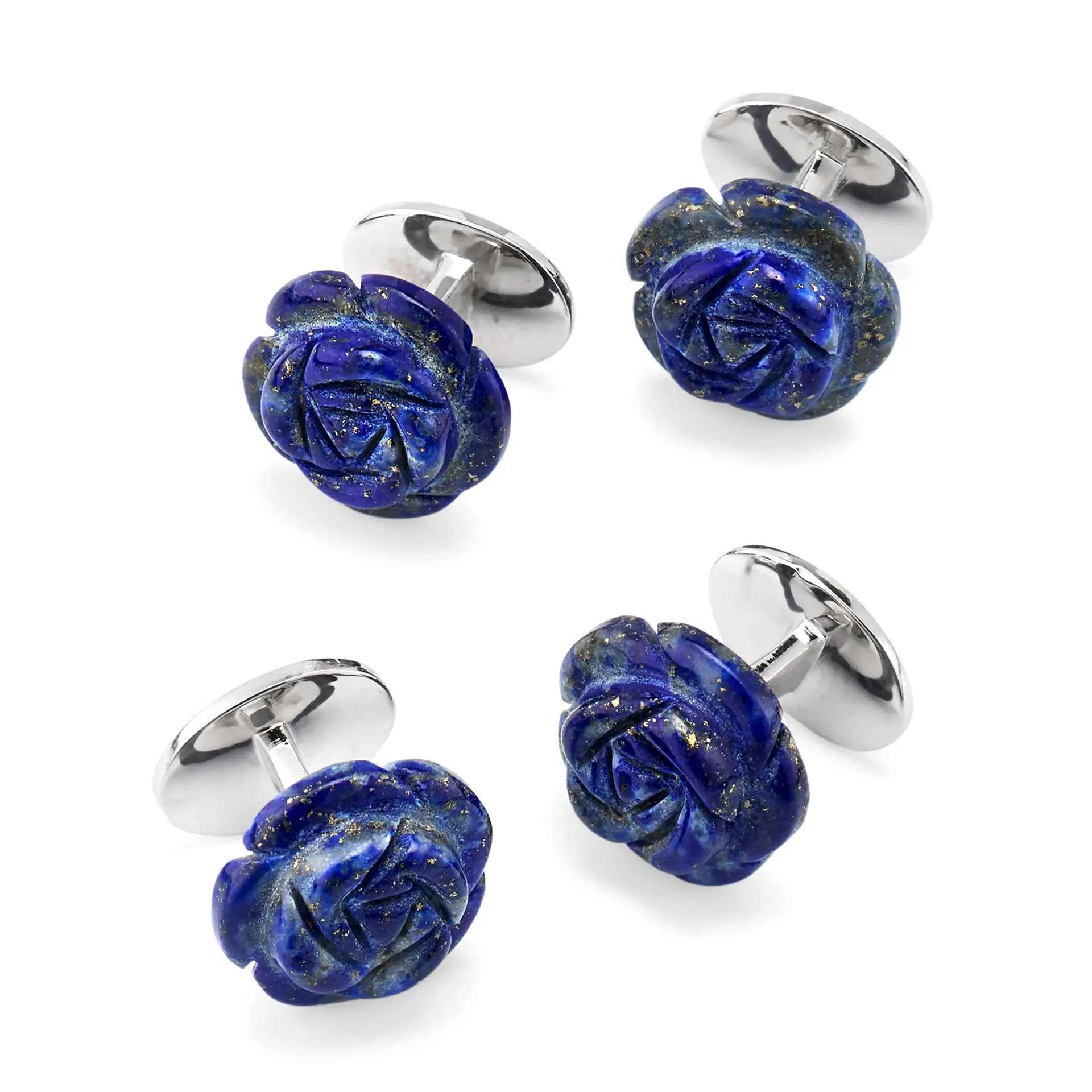 Blue Lapis Hand Carved Gemstone Rose Sterling Silver Tuxedo Studs