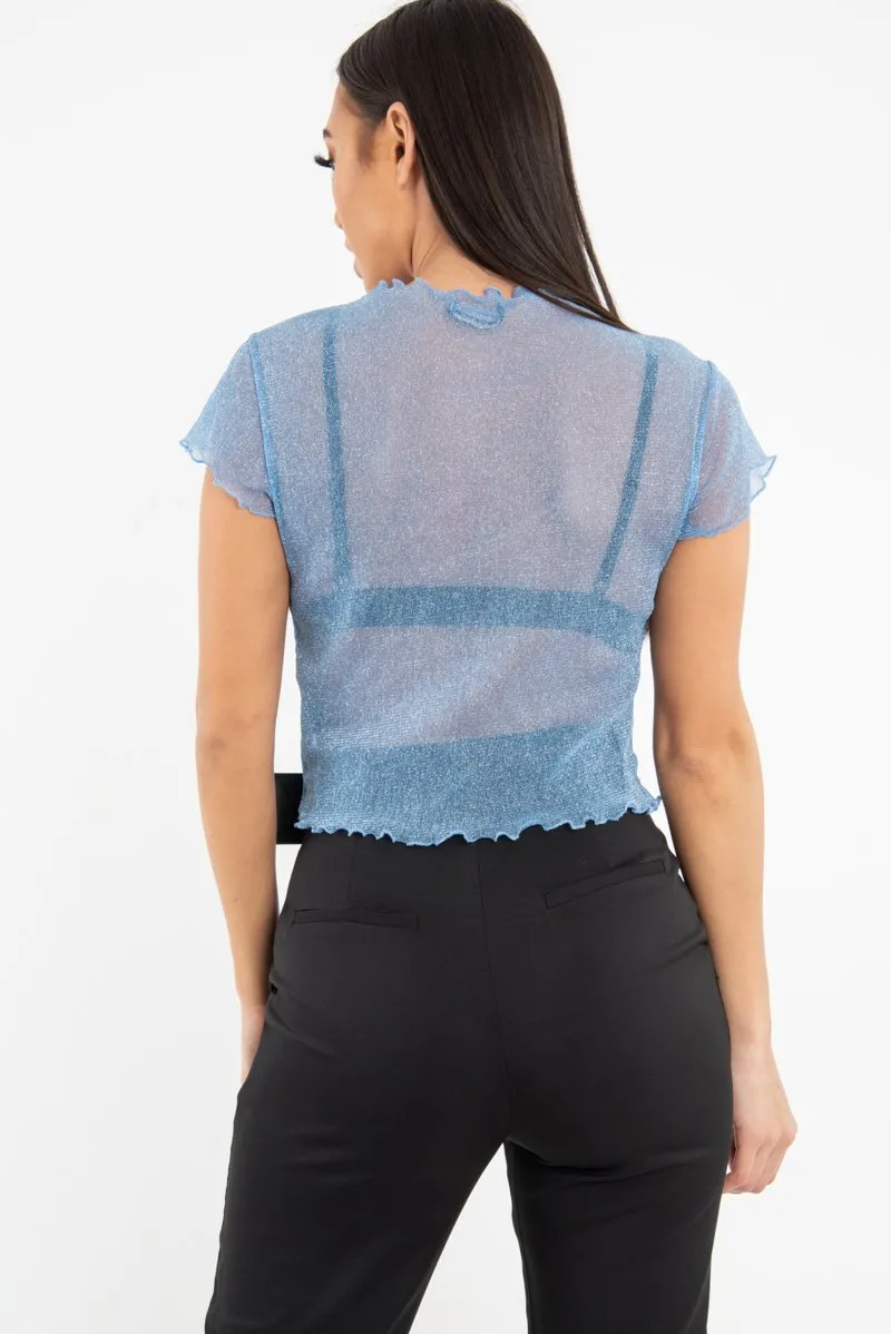 Blue Mesh Glitter Crop Top - Kiah