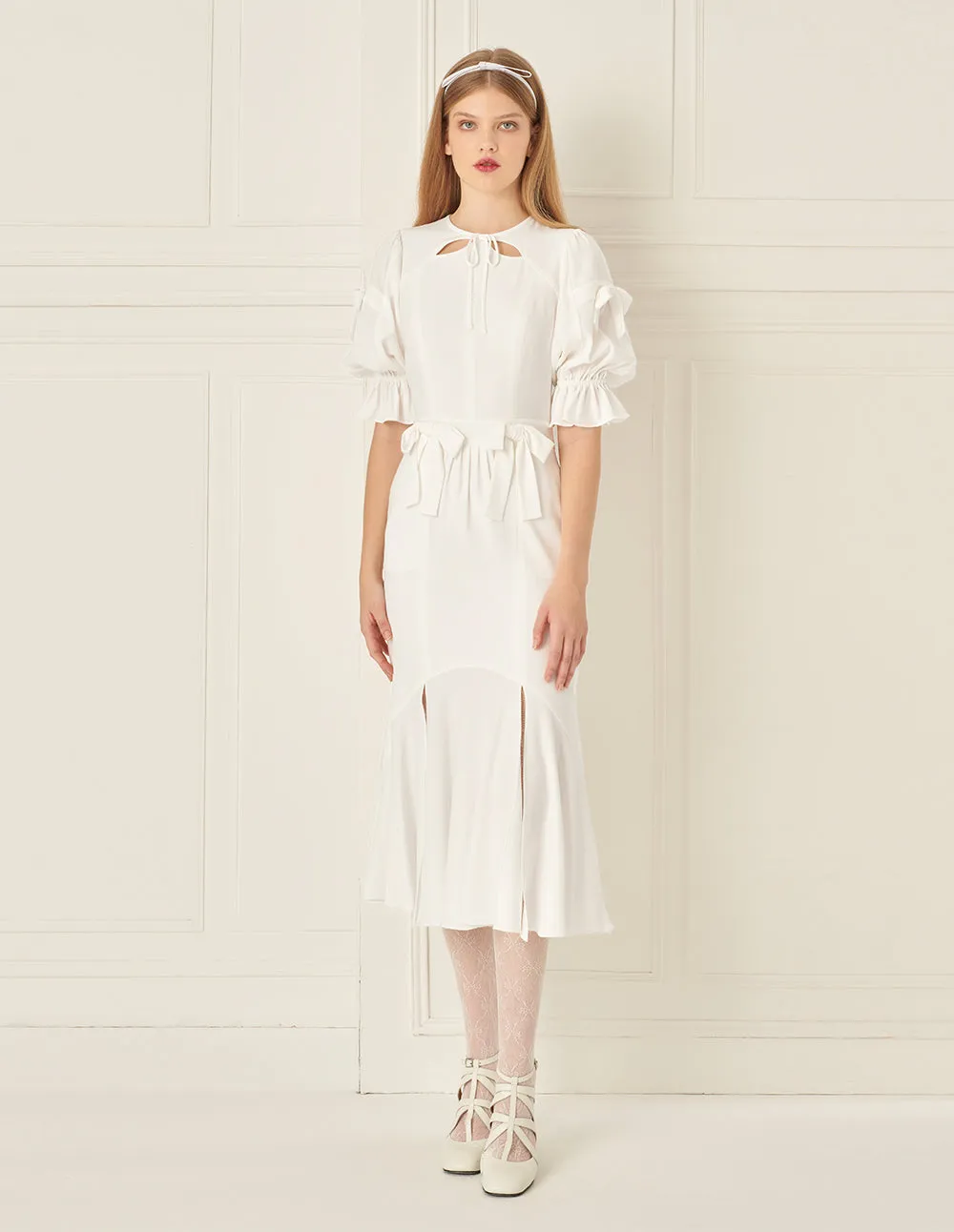 BORA AKSU Ruffled Puff Sleeve Fishtail Dress