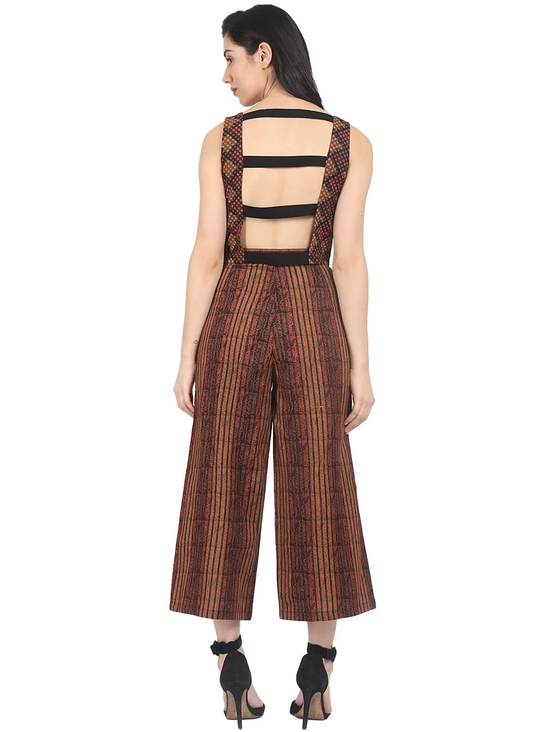 Brown check sleeveless crop top with striped calf length flared palazzo