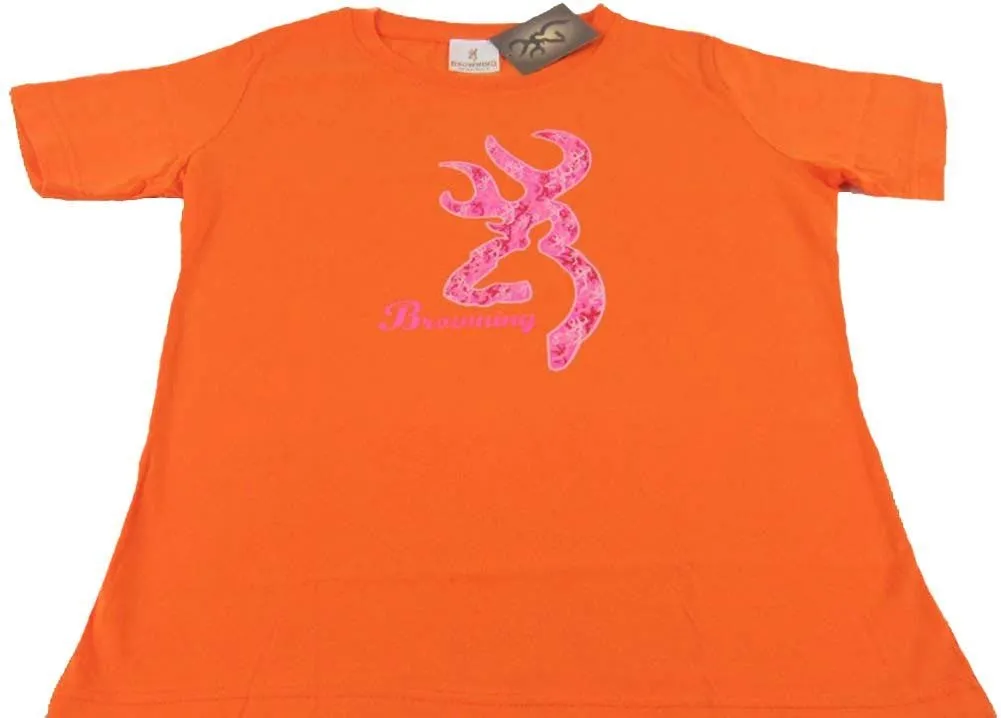 Browning Women's Pink Camo Buckmark Classic Fit Tee Orange T-Shirt Large