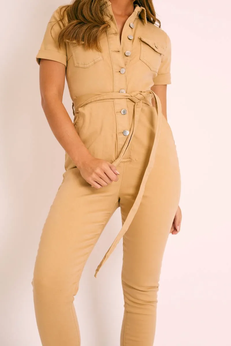 Camel Denim Short Sleeve Button Up Belted Waist Boilersuit - Stevie