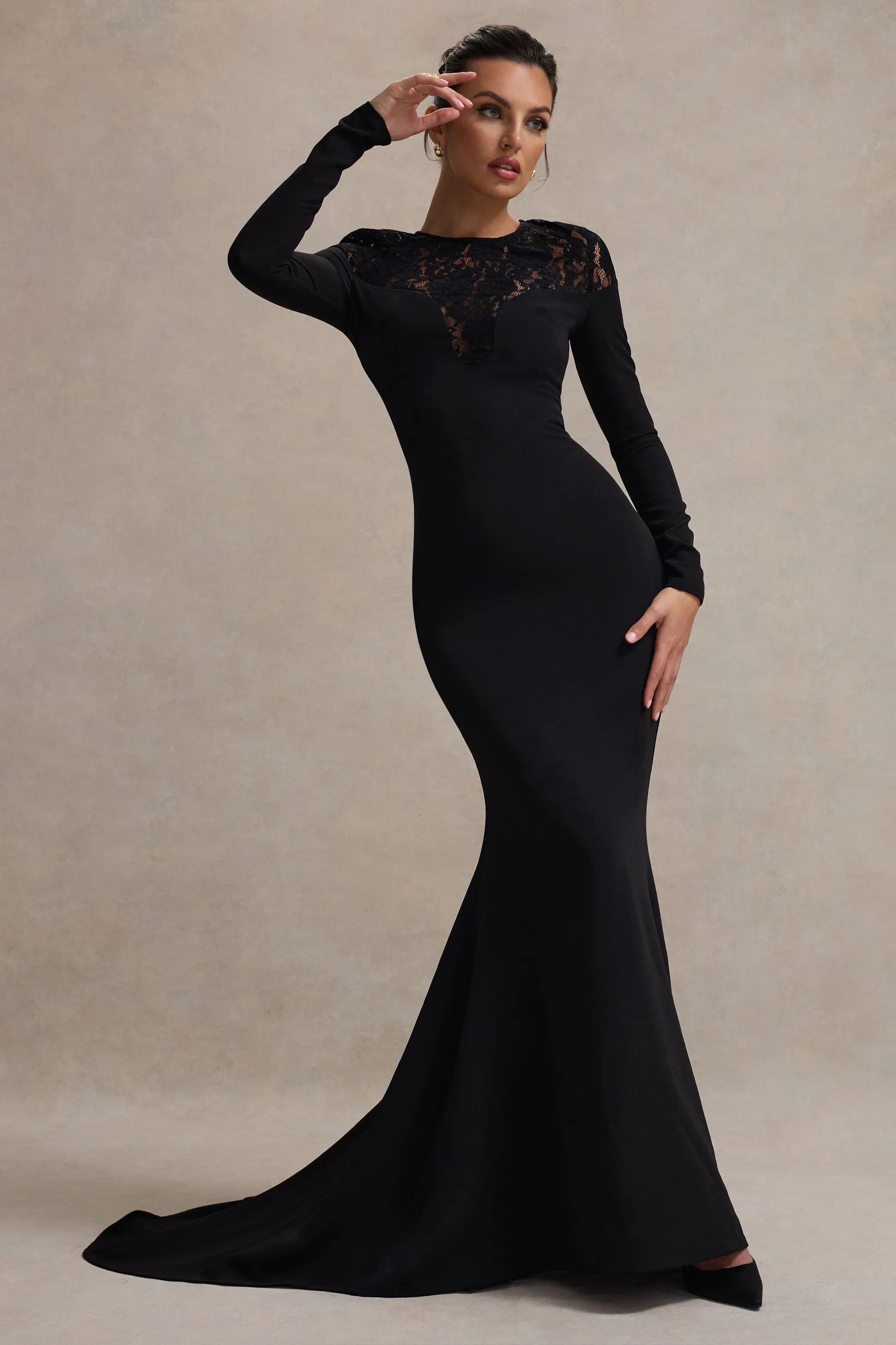 Campbell | Black Long-Sleeve Maxi Dress With Lace Detail