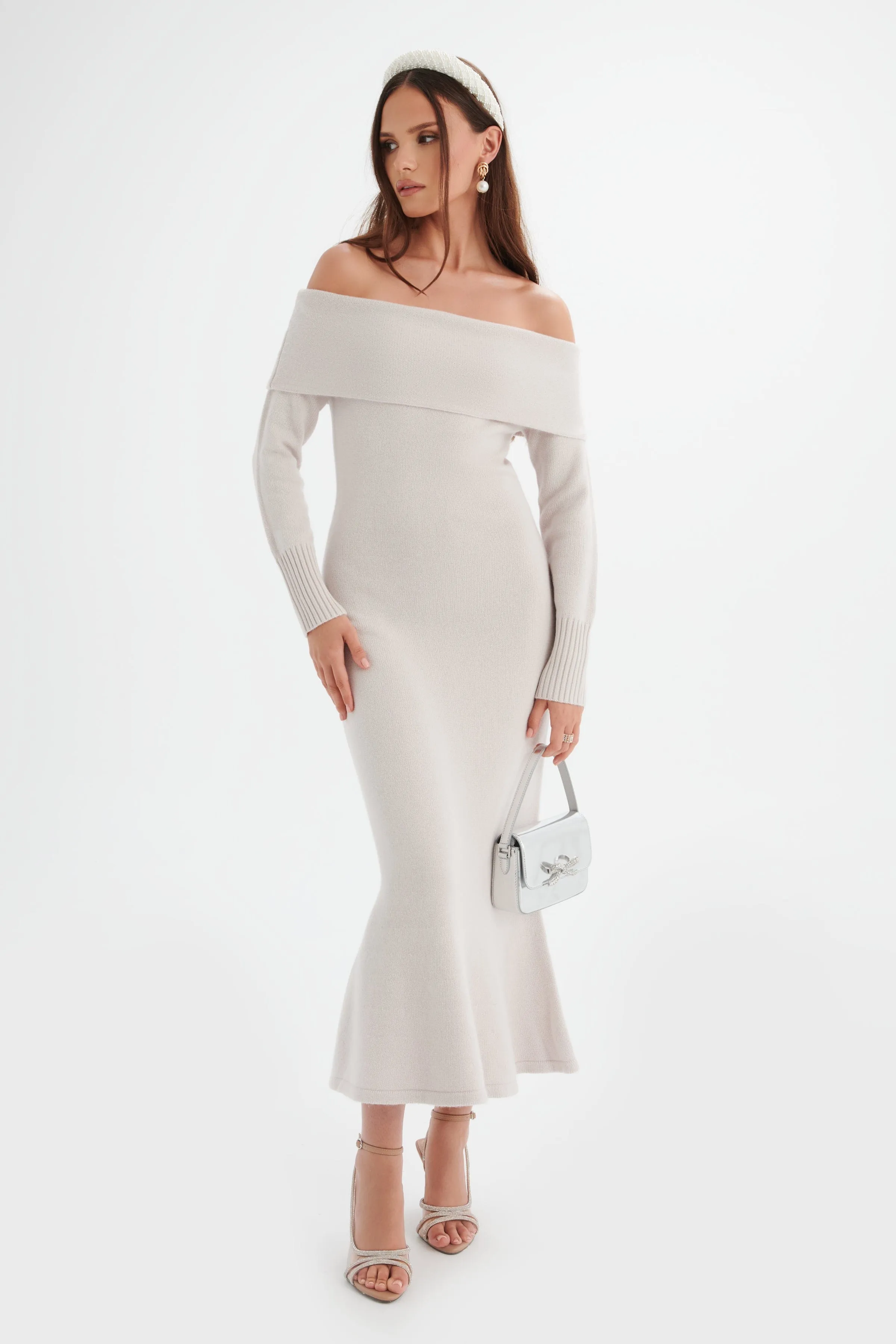 CLOVER Knitted Wool Bardot Midi Dress In Stone