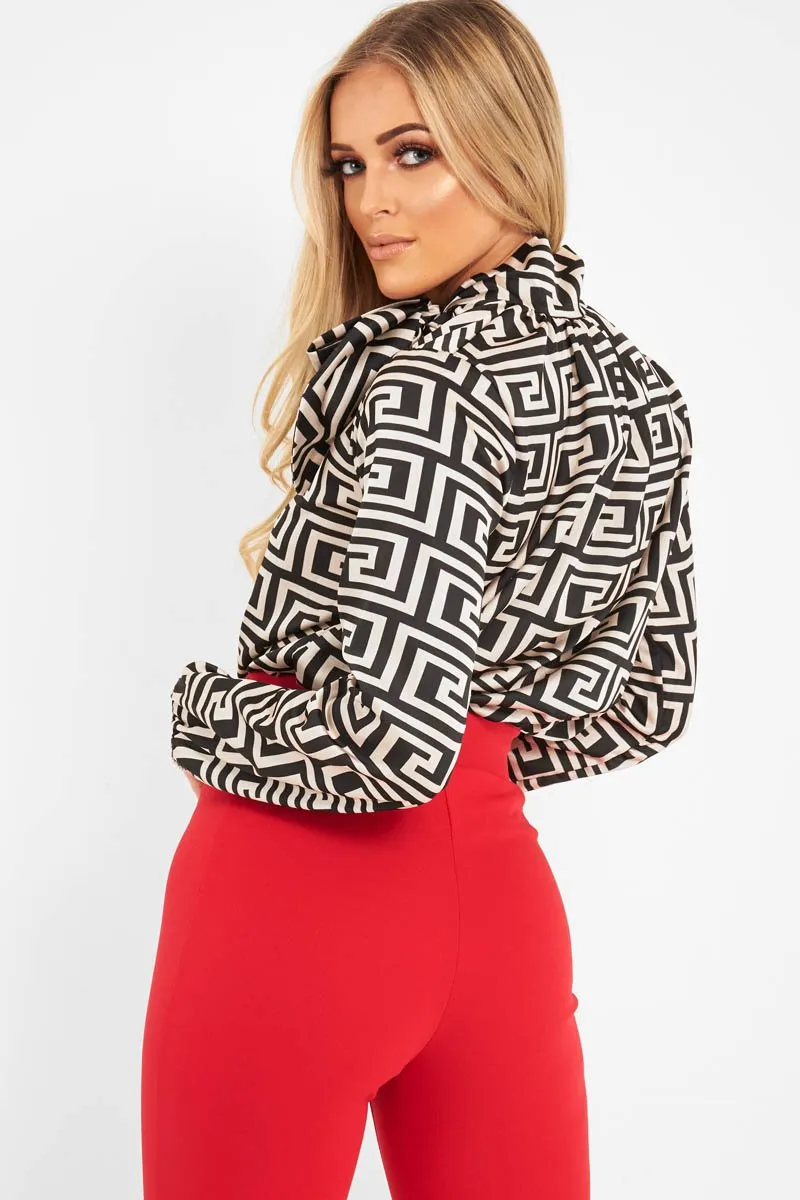 Cream Aztec Print Satin Long Sleeve Bow Shirt - Abrah