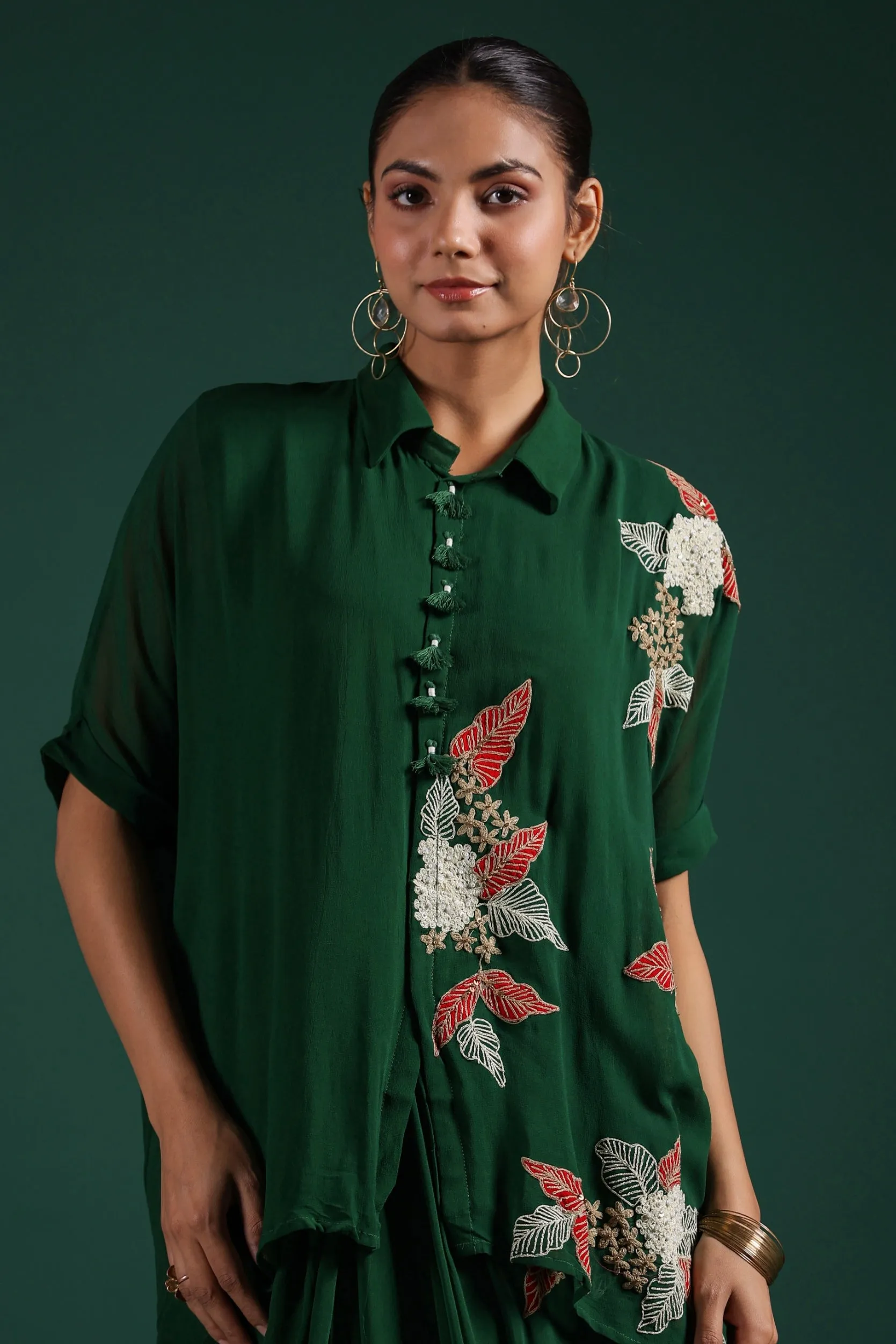 Deep Green Embroidered Premium Georgette Skirt Set