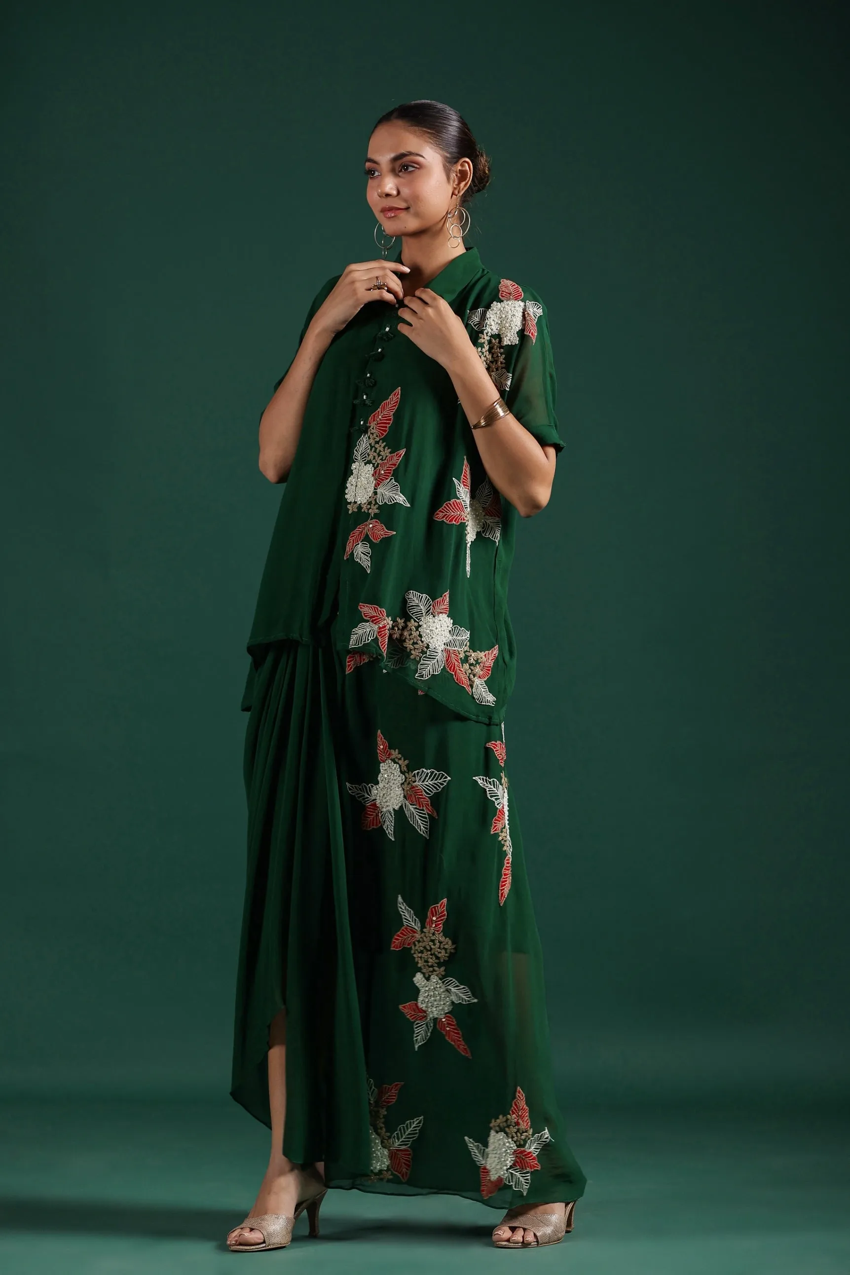 Deep Green Embroidered Premium Georgette Skirt Set