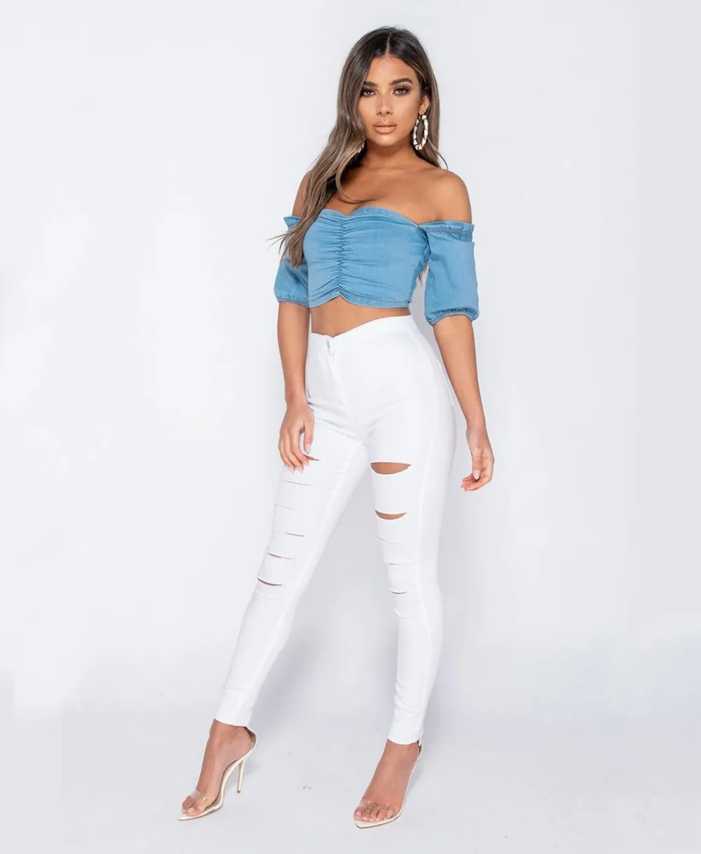 Denim Short Sleeve Bandeau Crop Top