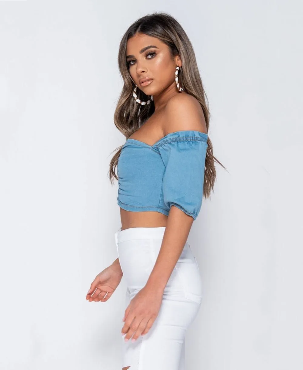 Denim Short Sleeve Bandeau Crop Top