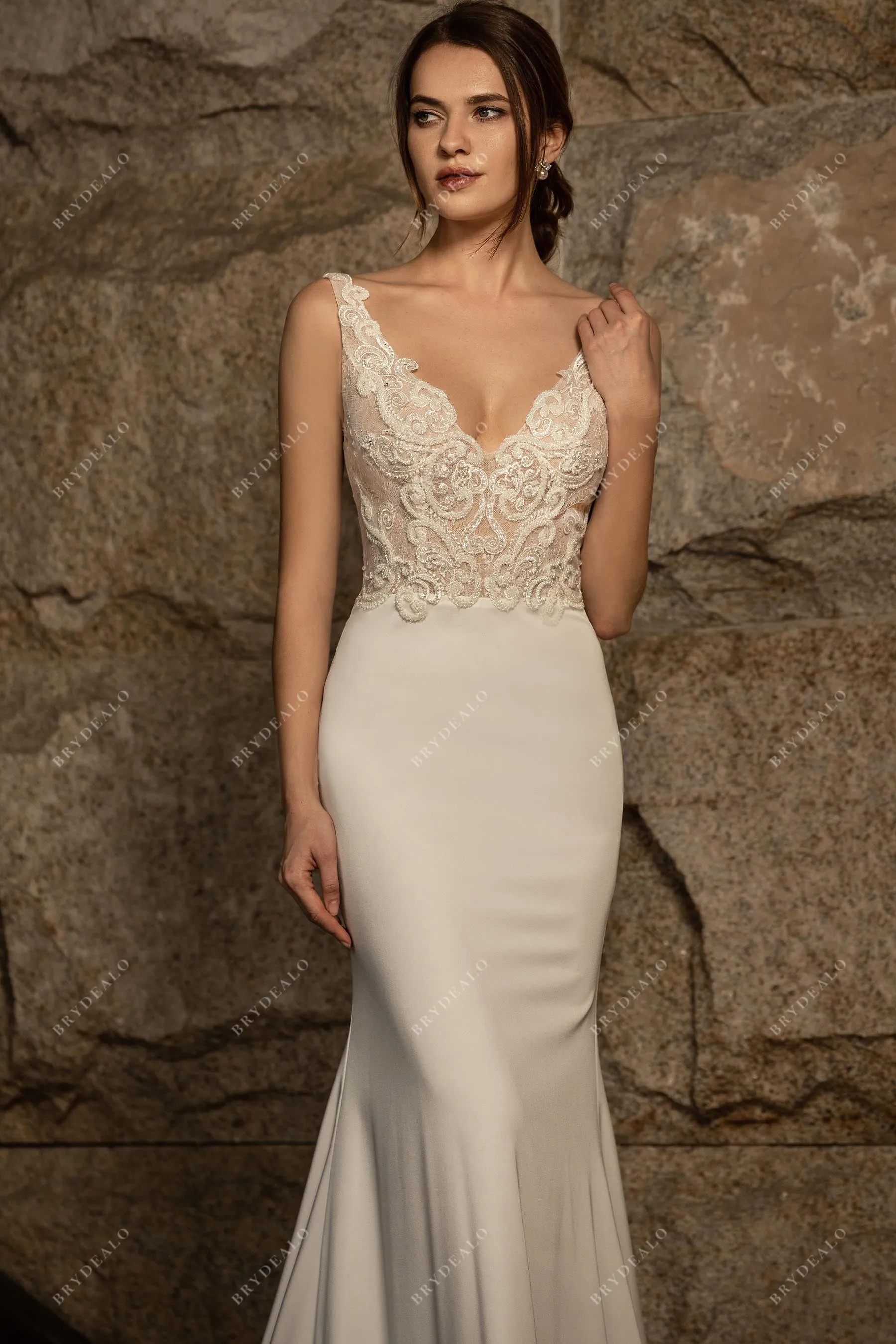 Designer Beaded Lace Plunging Satin Mermaid Wedding Dress