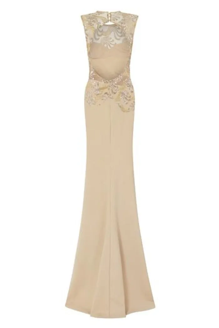 Divinity Sparkle Nude Slinky Backless Fishtail Maxi Dress