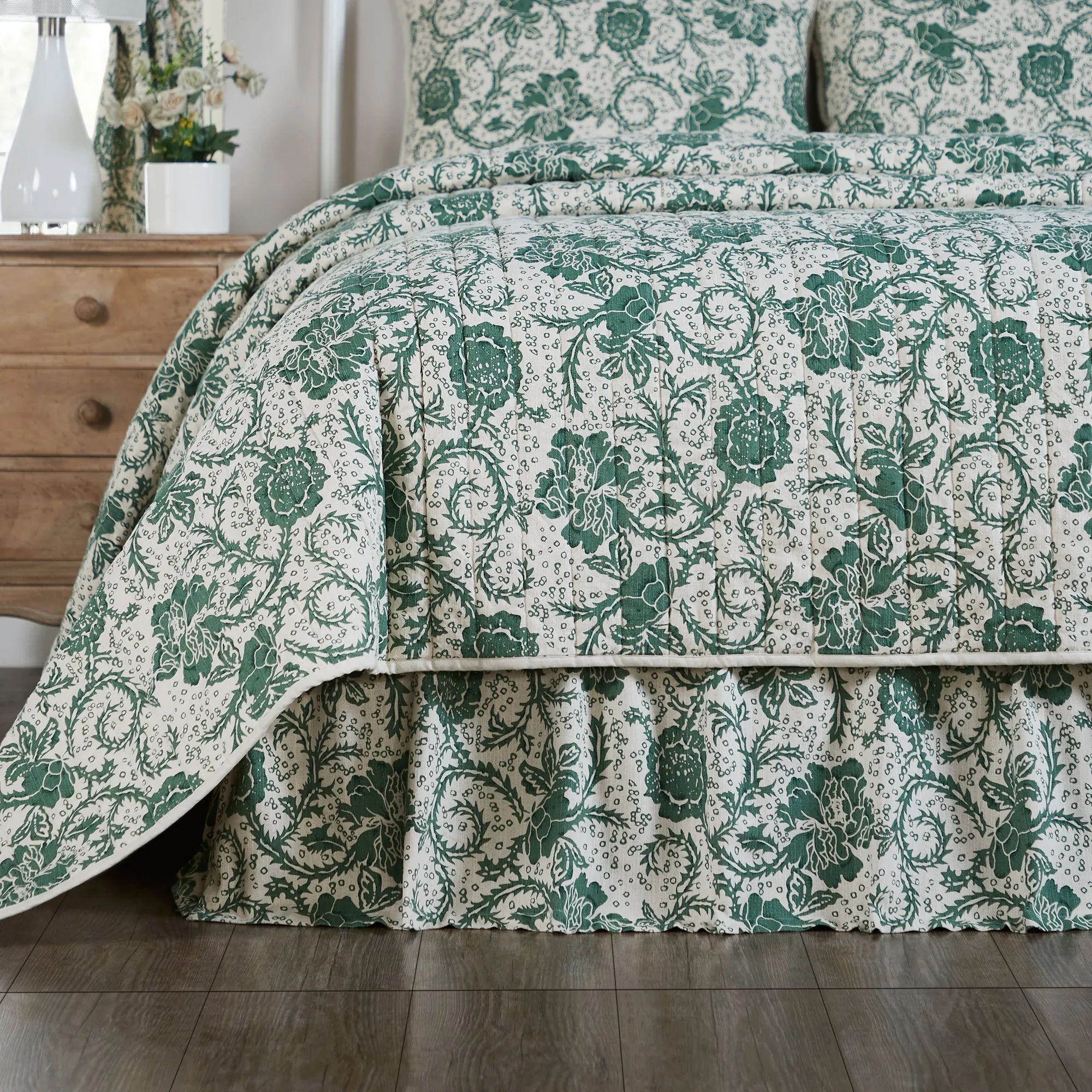 Dorset Green Floral Bed Skirt