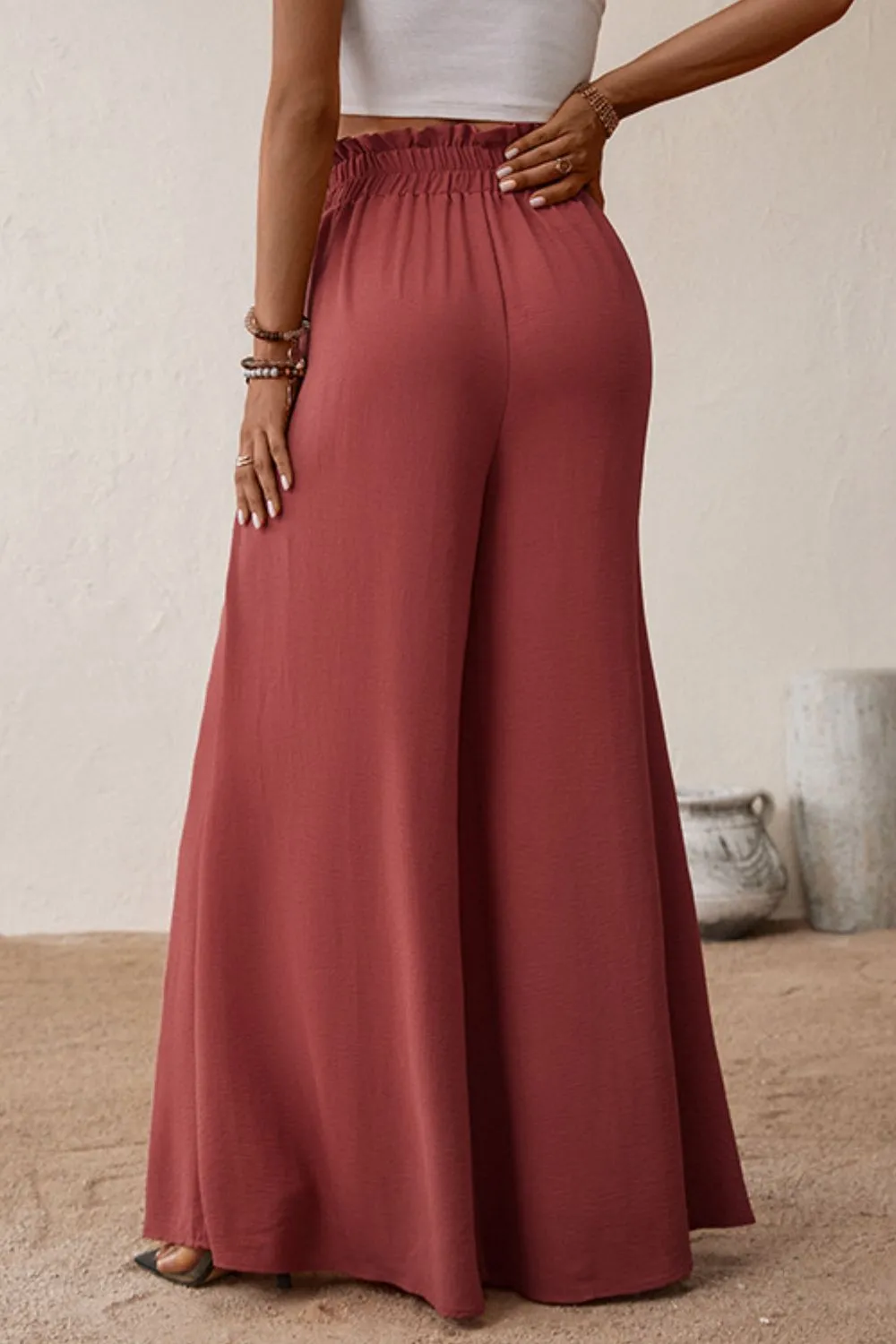 Elegant Resort Pants, Paperbag Waist Wide Leg Vacation Pants