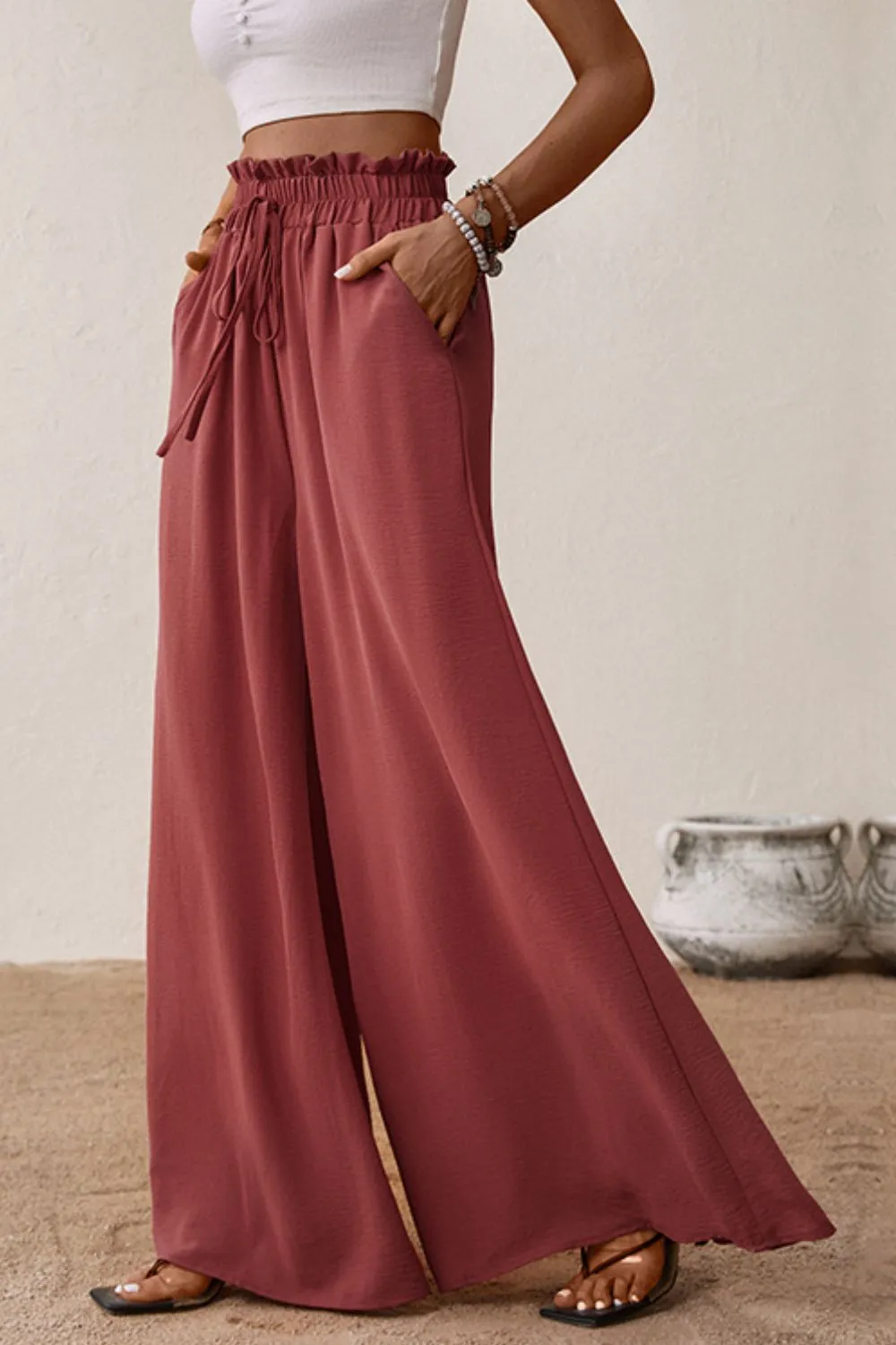 Elegant Resort Pants, Paperbag Waist Wide Leg Vacation Pants