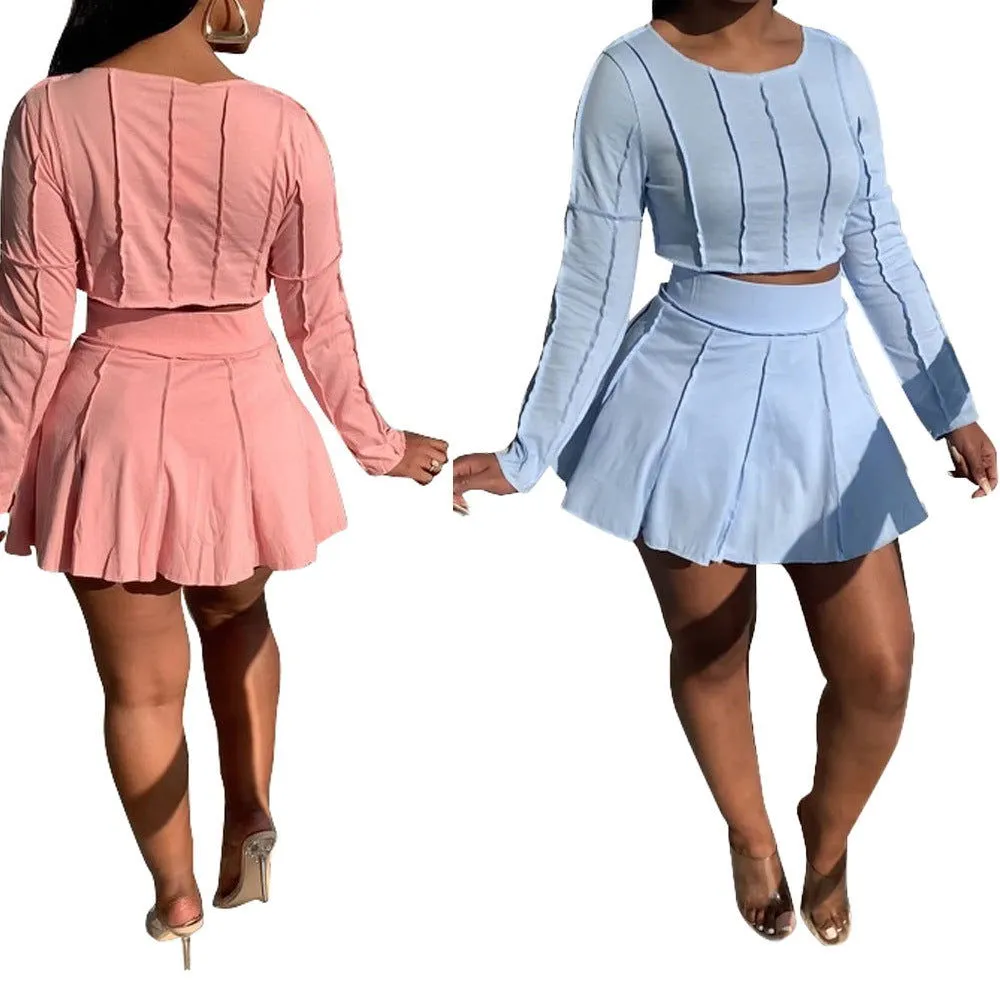 Flossy Pleated Ruffle Long Sleeve Crop Top and Skirts