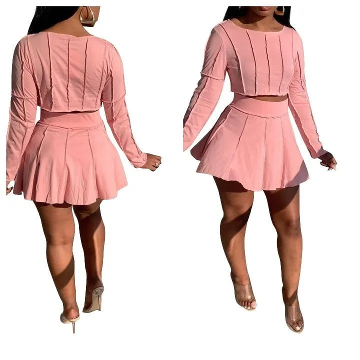 Flossy Pleated Ruffle Long Sleeve Crop Top and Skirts