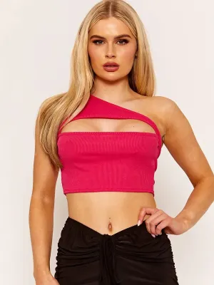 Fuchsia One Shoulder Cut Out Front Ribbed Crop Top