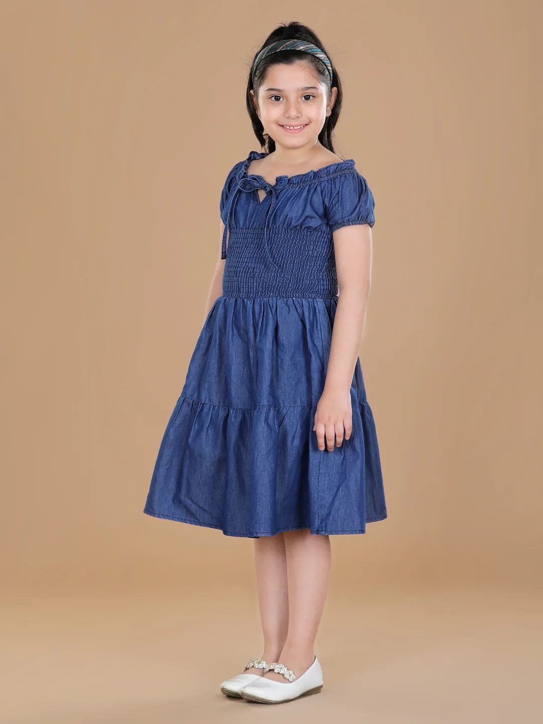 Girl's  Denim Dress With Smocked Waist - StyleStone Kid