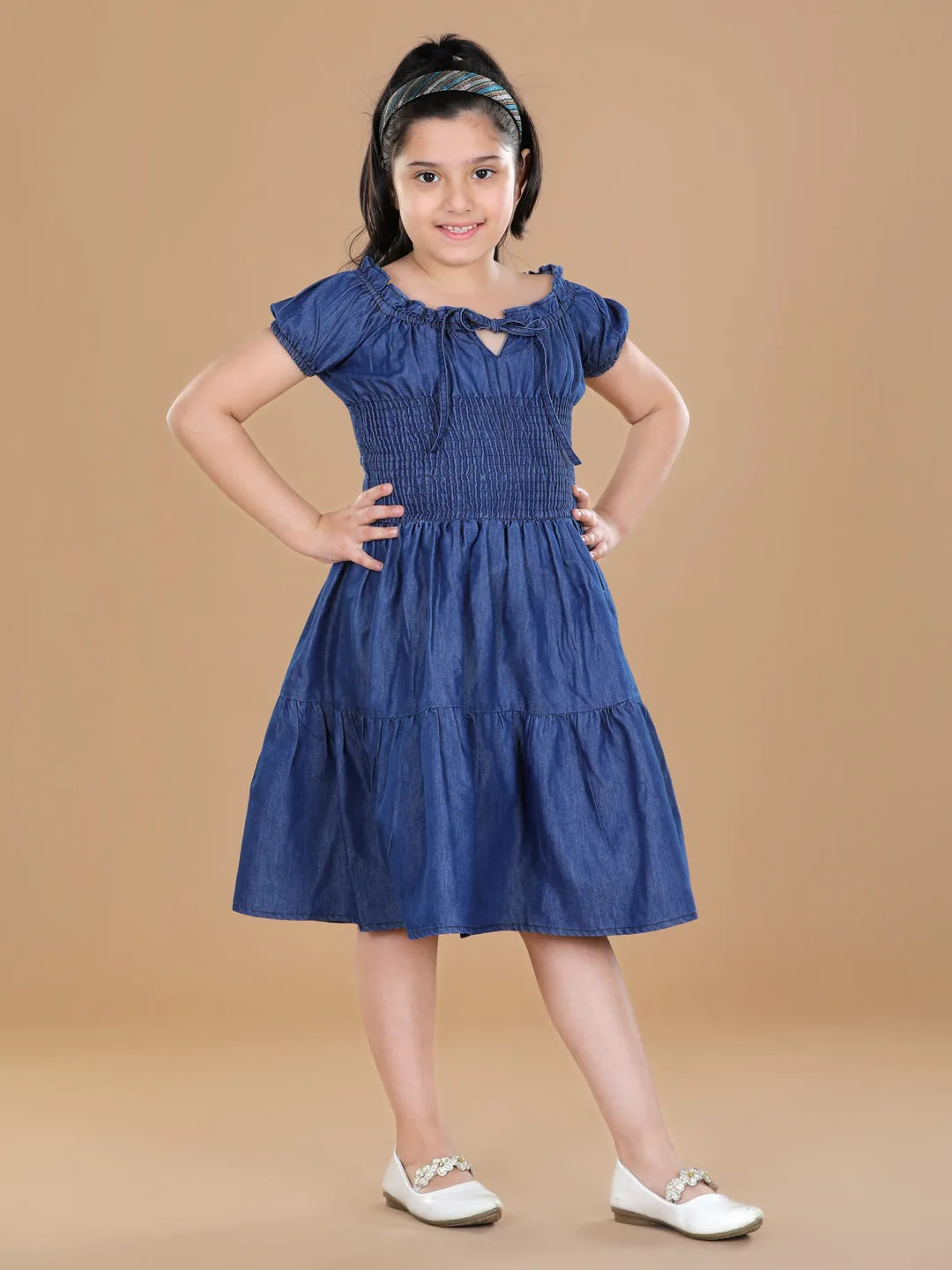 Girl's  Denim Dress With Smocked Waist - StyleStone Kid