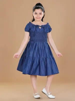 Girl's  Denim Dress With Smocked Waist - StyleStone Kid