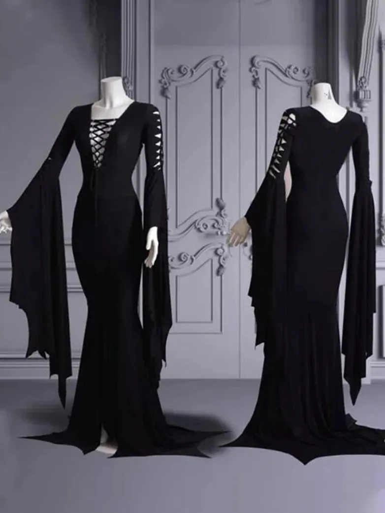 Gothic Tied V Neck Long Sleeves Bodycon Dress