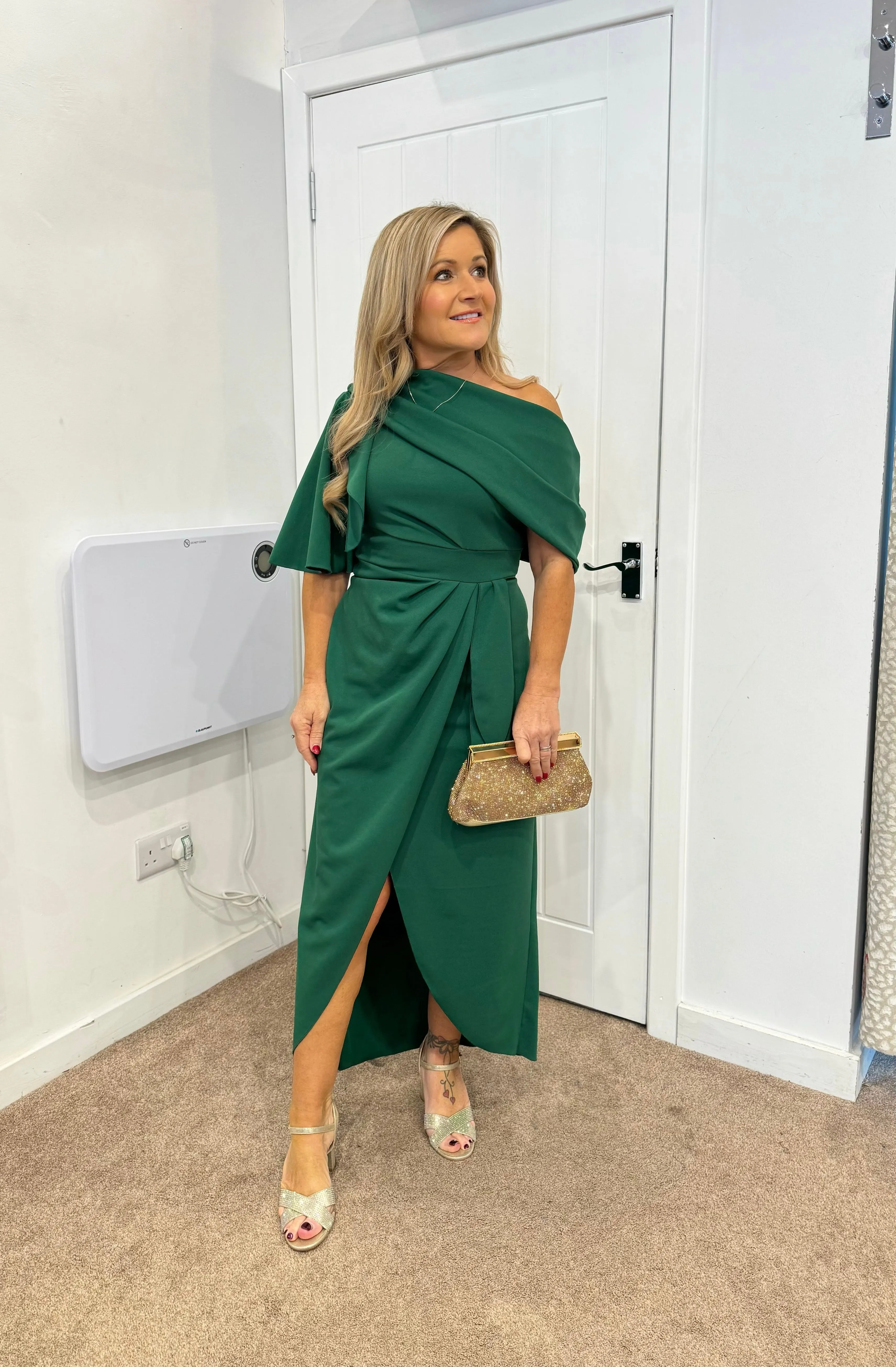 Holly Bardot on off shoulder dip hemline midi dress Forrest green