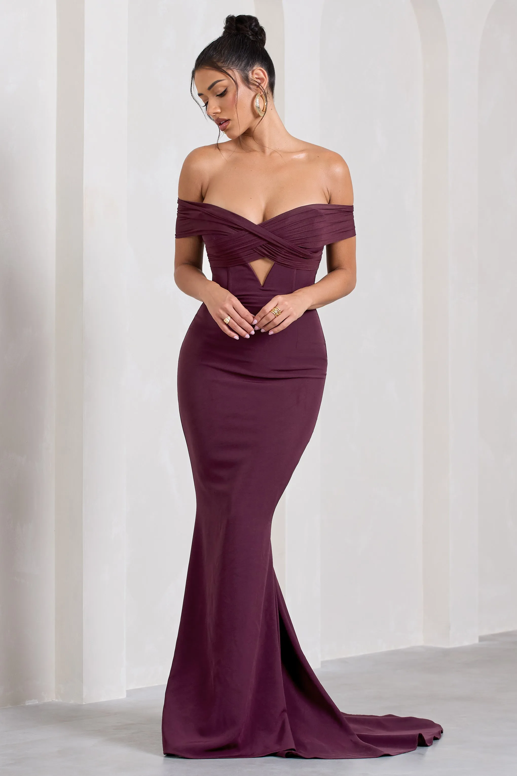 Inspiration | Burgundy Sheer Bardot Fishtail Maxi Dress