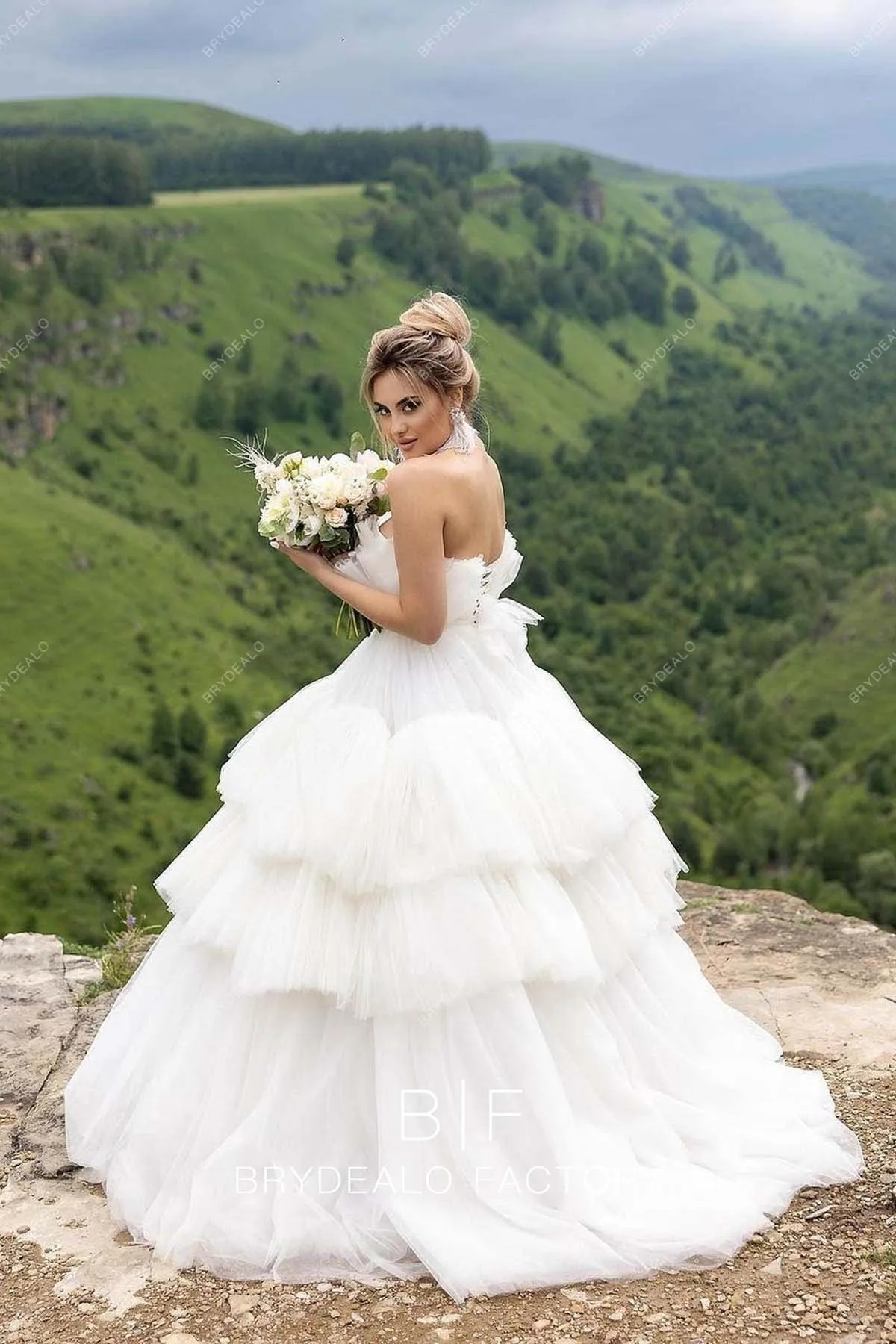 Ivory Strapless Designer Tulle Princess Tiered Wedding Ball Gown