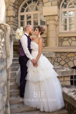 Ivory Strapless Designer Tulle Princess Tiered Wedding Ball Gown