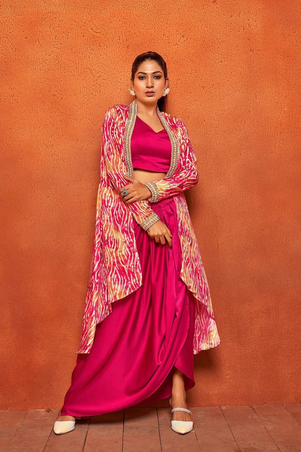 Jazzberry Pink Ethnic Print Dhoti Skirt Long Flared Shrug Co-ord Set