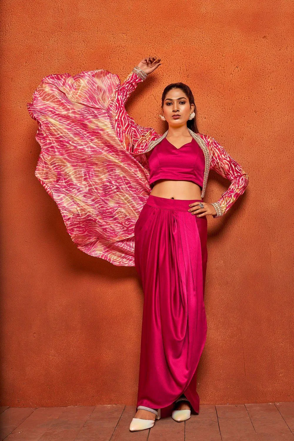 Jazzberry Pink Ethnic Print Dhoti Skirt Long Flared Shrug Co-ord Set