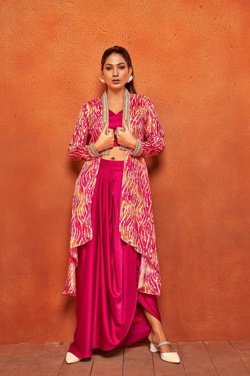 Jazzberry Pink Ethnic Print Dhoti Skirt Long Flared Shrug Co-ord Set